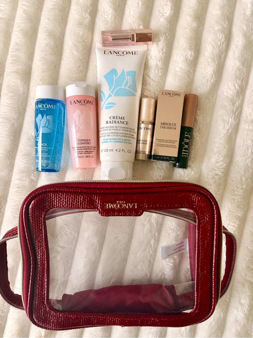 Lancome Skincare & Lip Set with Red Clear Travel Pouch